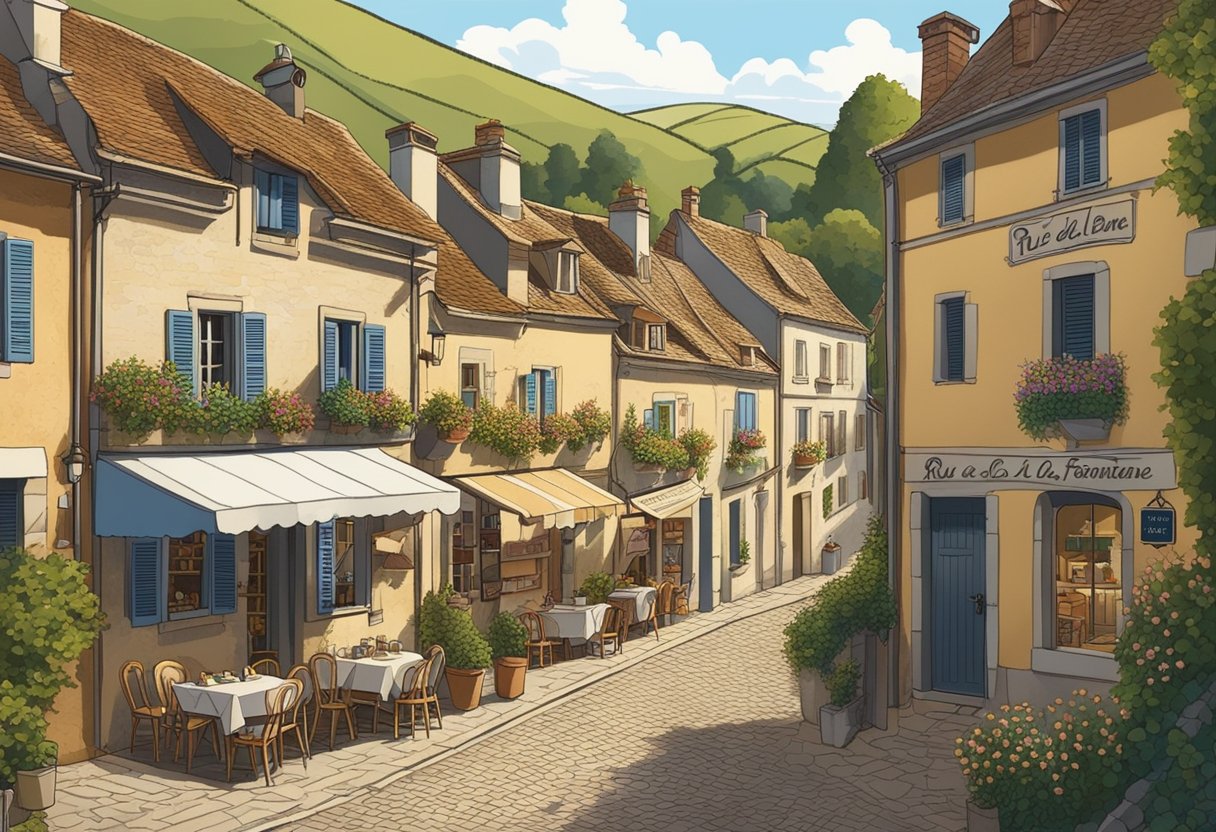 A quaint French village with cobblestone streets, a boulangerie, and a vineyard in the background. A sign reading "Rue de la Fontaine" hangs above a narrow alleyway