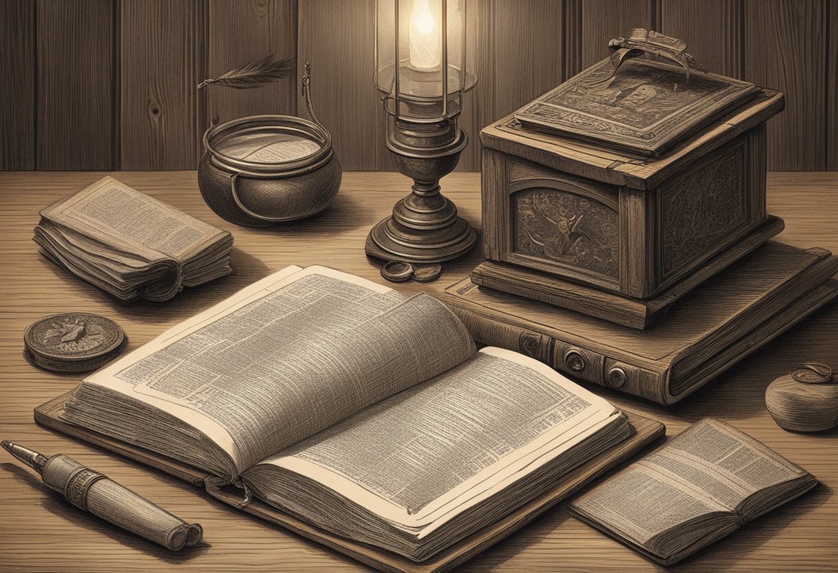 A rustic wooden table with a vintage French dictionary open to the "L" section, a quill pen, and a stack of old family photos