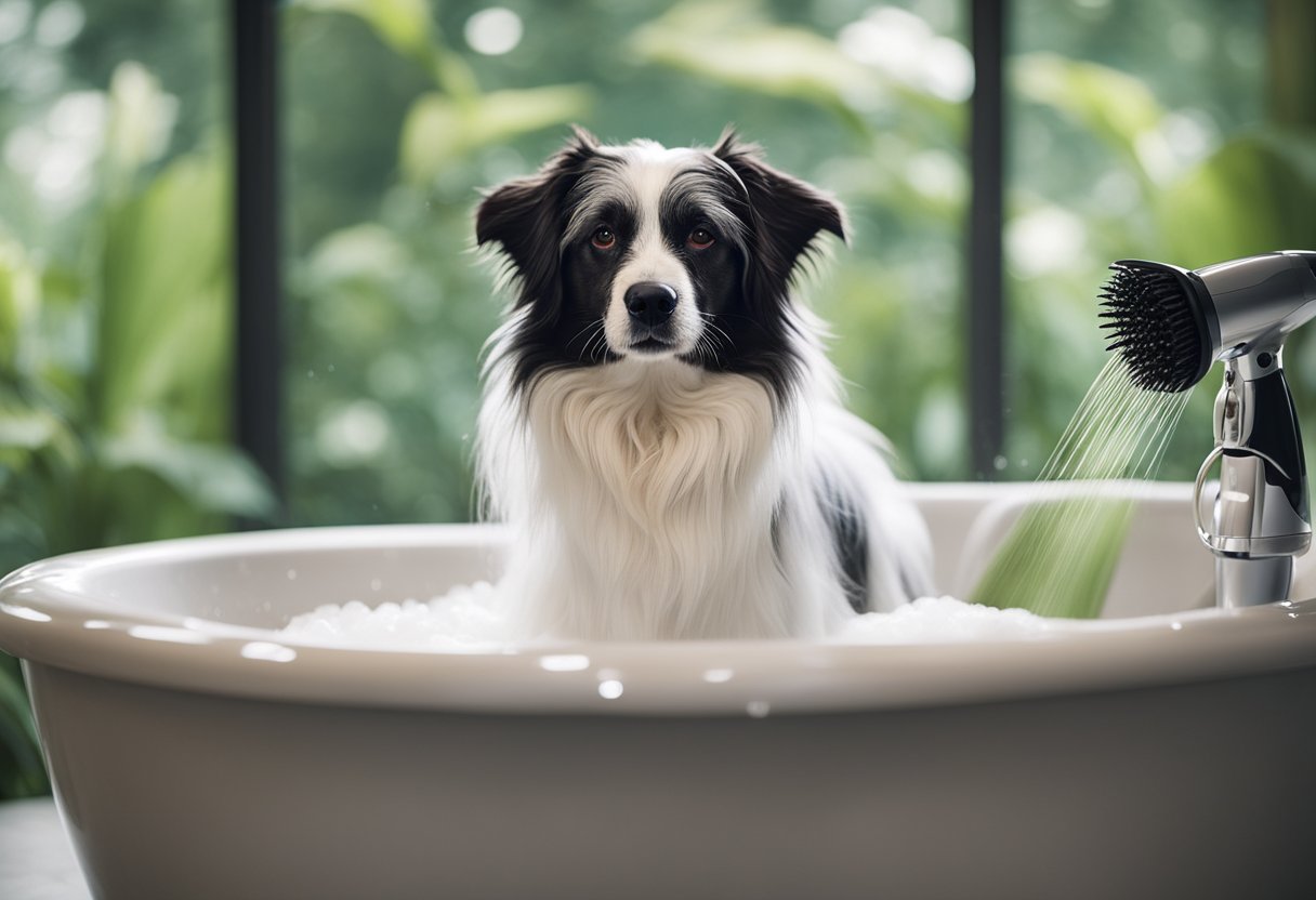 A dog stands in a bathtub, wet fur and shampoo suds visible. A brush and blow dryer sit nearby, ready for use