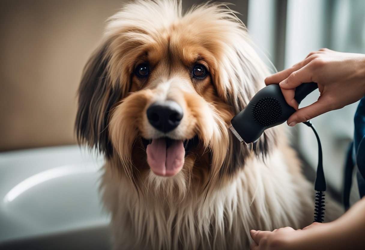 A dog with wet, shampooed hair is being gently fluffed with a blow dryer, using a slicker brush to separate and fluff the fur for a fluffy, voluminous look