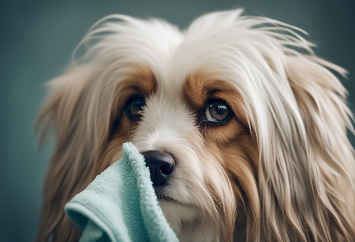A fluffy dog's wet hair being gently fluffed with a towel after shampooing