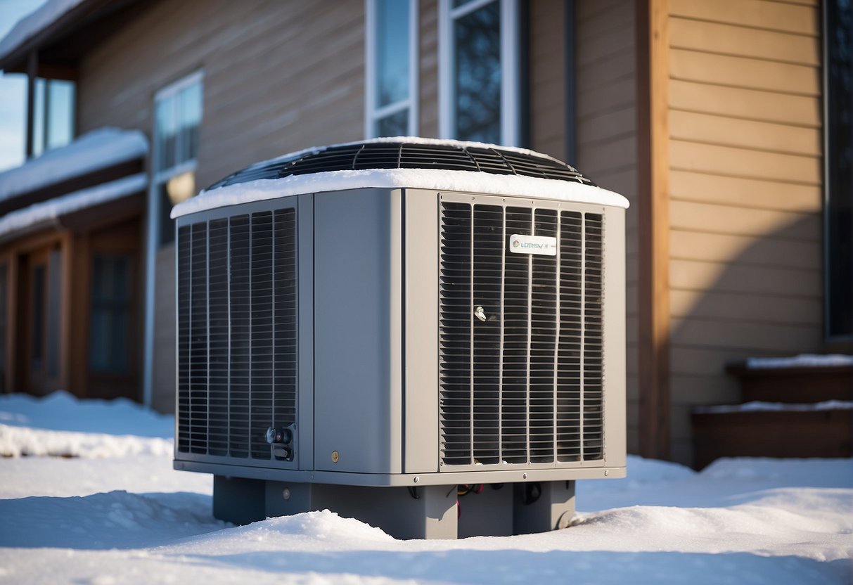A heat pump system efficiently operates in a cold climate, with snow-covered surroundings and visible vapor emissions from the unit