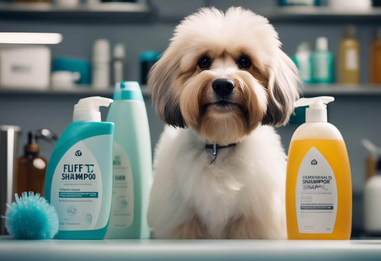 A dog with fluffy hair stands on a grooming table, surrounded by bottles of shampoo and conditioner. A towel and brush are nearby, ready to be used