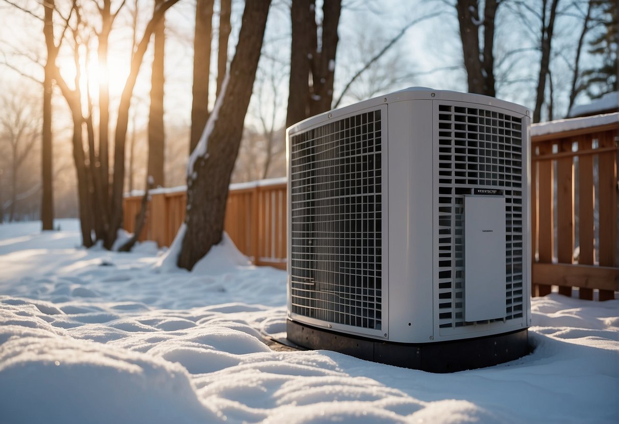 A heat pump efficiently operates in a snowy landscape, with frosty air being drawn in and warm air being released, showcasing its ability to maximize comfort and utility savings in cold climates