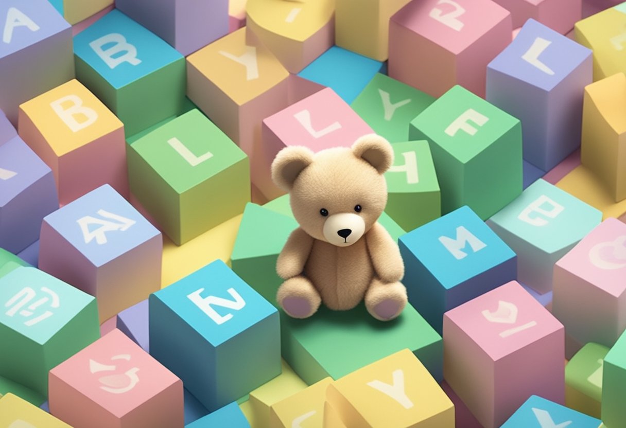 Six-letter baby names displayed on colorful blocks with a soft, pastel background. A smiling teddy bear sits nearby