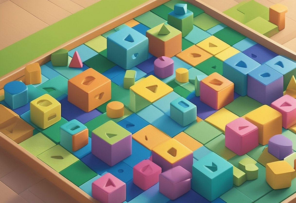 Colorful blocks spell out 'Name' ideas on a baby's play mat. Toys scattered around