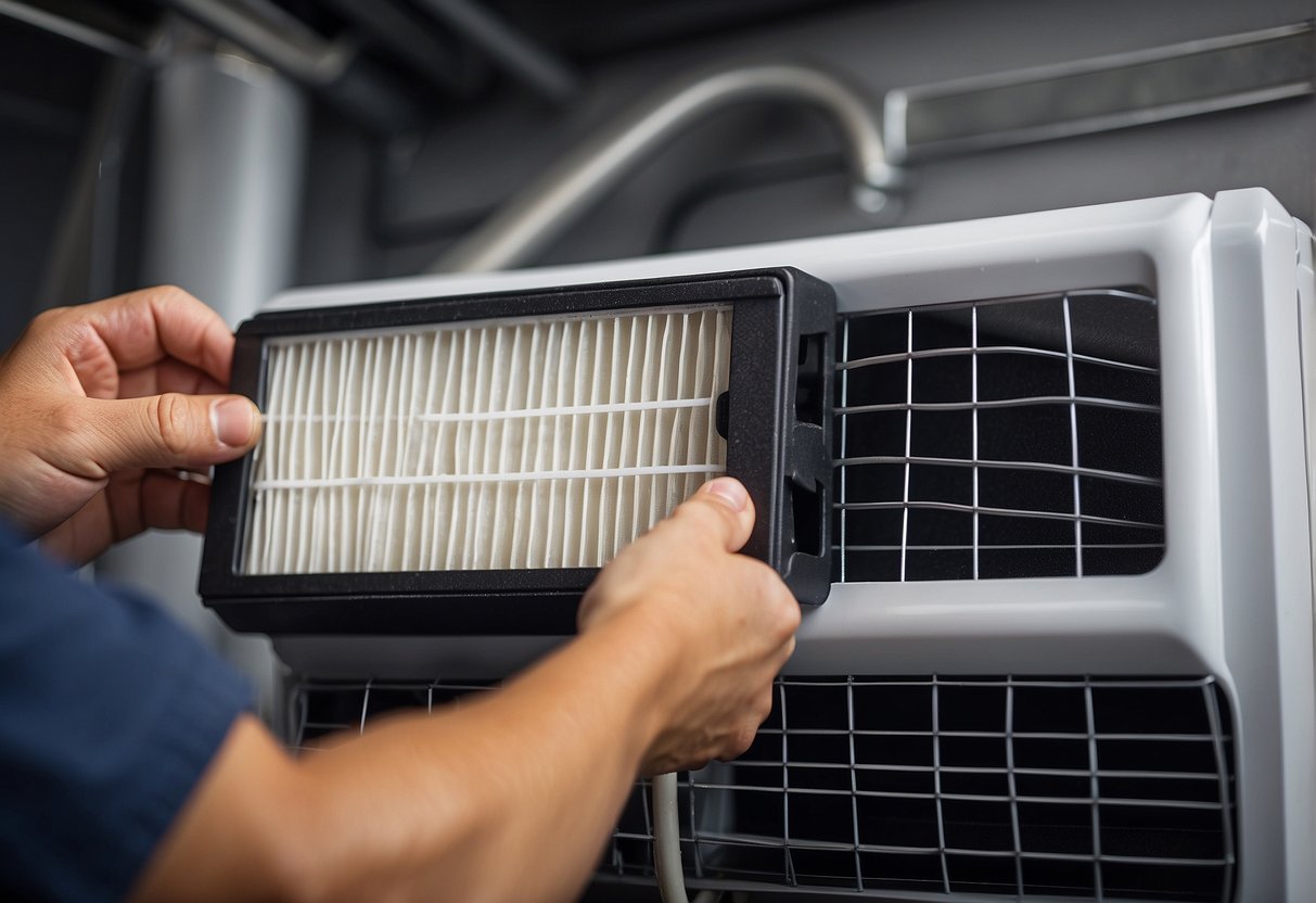 A clean air filter being replaced in an air conditioning system, with arrows pointing to the benefits of regular replacement