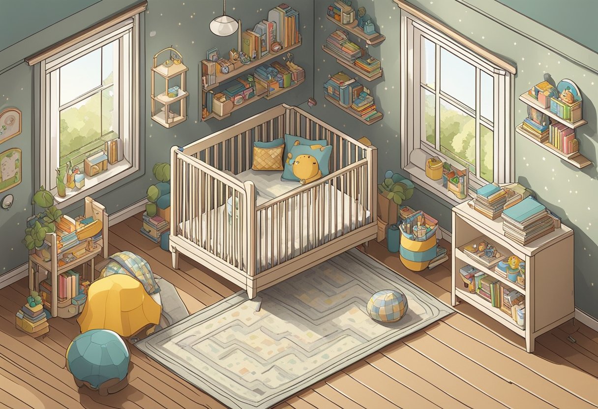 A baby's nursery with toys, books, and a cozy crib