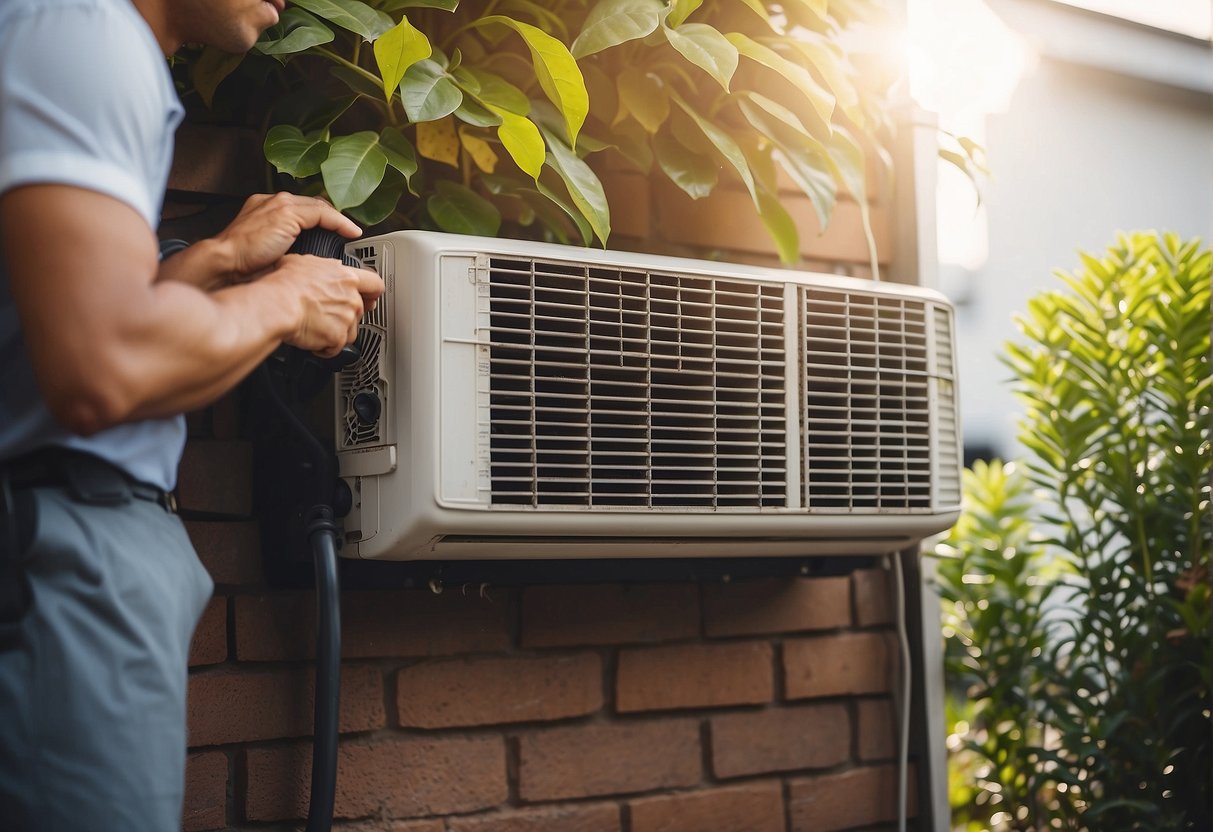 A hand reaches into an open air conditioning unit, pulling out a dirty filter. Beside it, a clean filter is ready to be installed. The importance of regular filter replacement is emphasized in the background