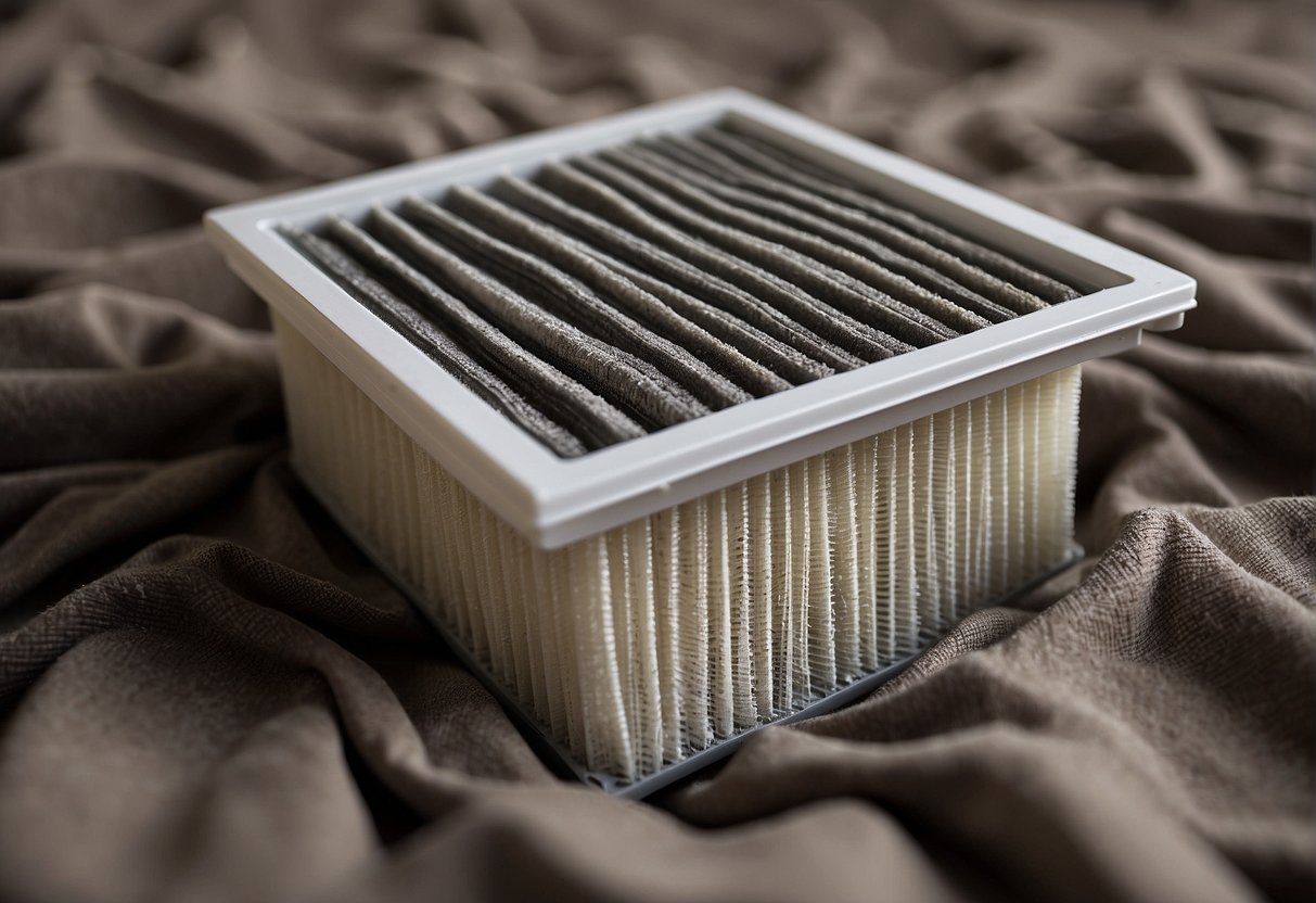 A dusty, clogged air filter with visible debris and discoloration. Surrounding area shows signs of reduced airflow and increased dust accumulation