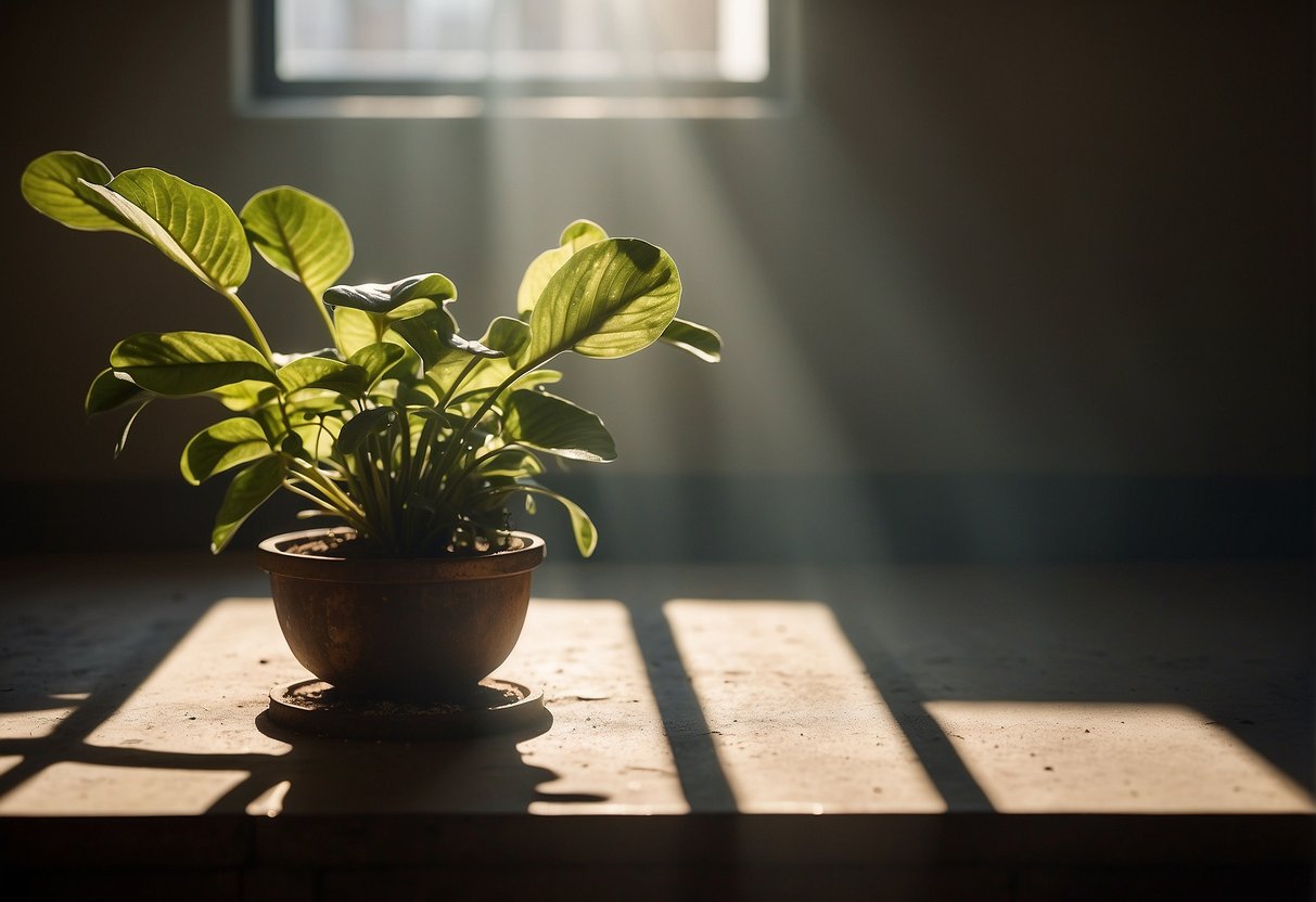 Sunlight streams through a dusty air conditioning vent, casting a shadow on the nearby wall. A wilted houseplant sits beside the vent, its leaves drooping. A small cloud of dust floats in the air