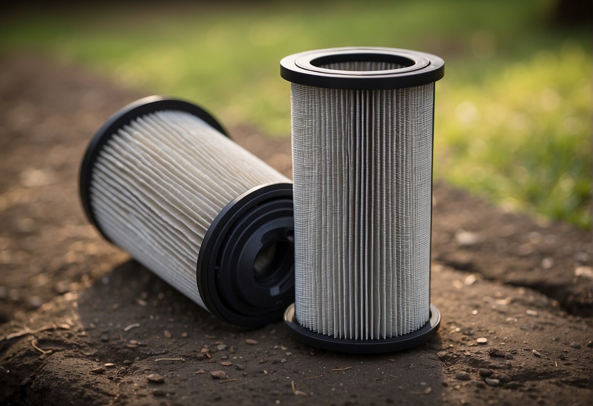 A dirty air filter next to a clean one, with dust and debris visible on the dirty filter. The clean filter is ready to be installed, while the dirty one needs to be replaced