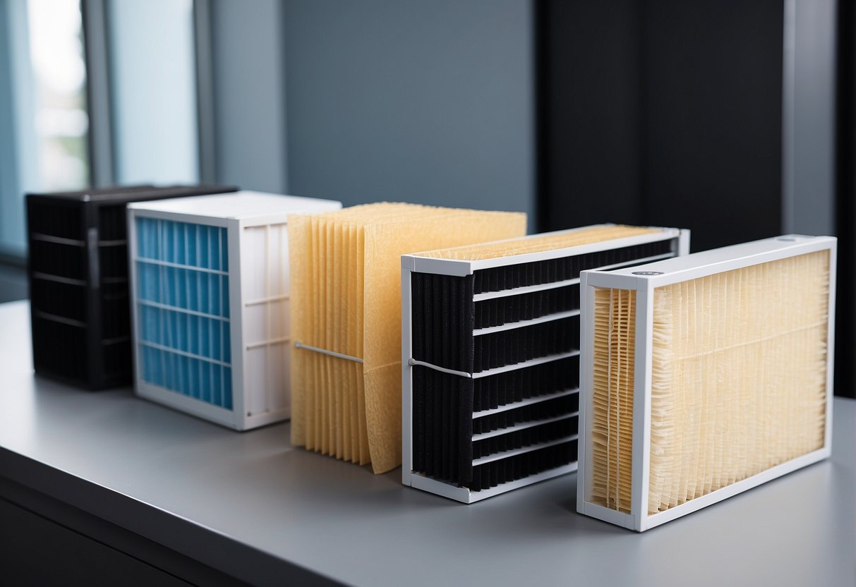 A variety of air conditioning filters are displayed, including fiberglass, pleated, electrostatic, and HEPA filters. Each type is labeled with its unique features