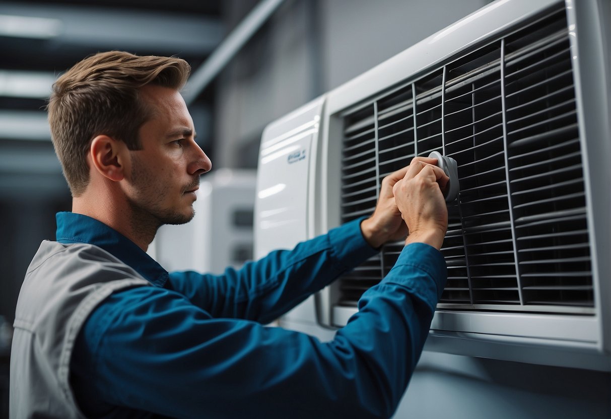 A technician replaces an air conditioning filter with various types displayed nearby for comparison