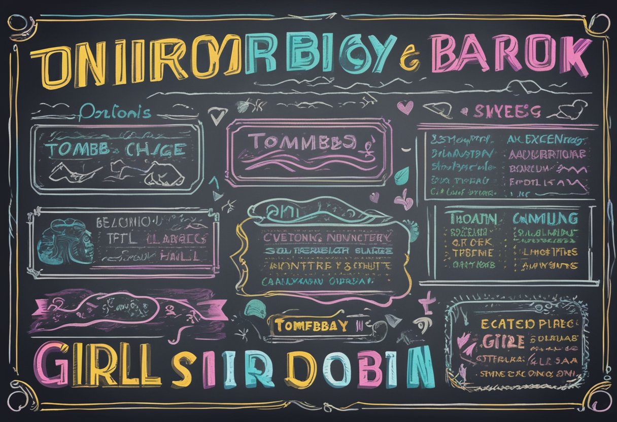 A colorful chalkboard with a list of strong, adventurous, and unique tomboy names for girls written in bold, playful fonts