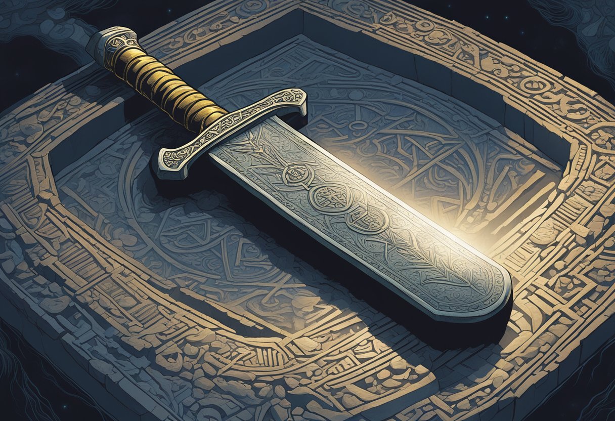 A shining sword emerges from a stone, surrounded by ancient runes and symbols. A beam of light shines down, illuminating the words "Good Names" in bold, heroic lettering