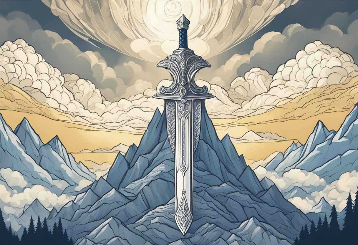 A shining sword rests on a regal crest, surrounded by swirling clouds and a majestic mountain backdrop
