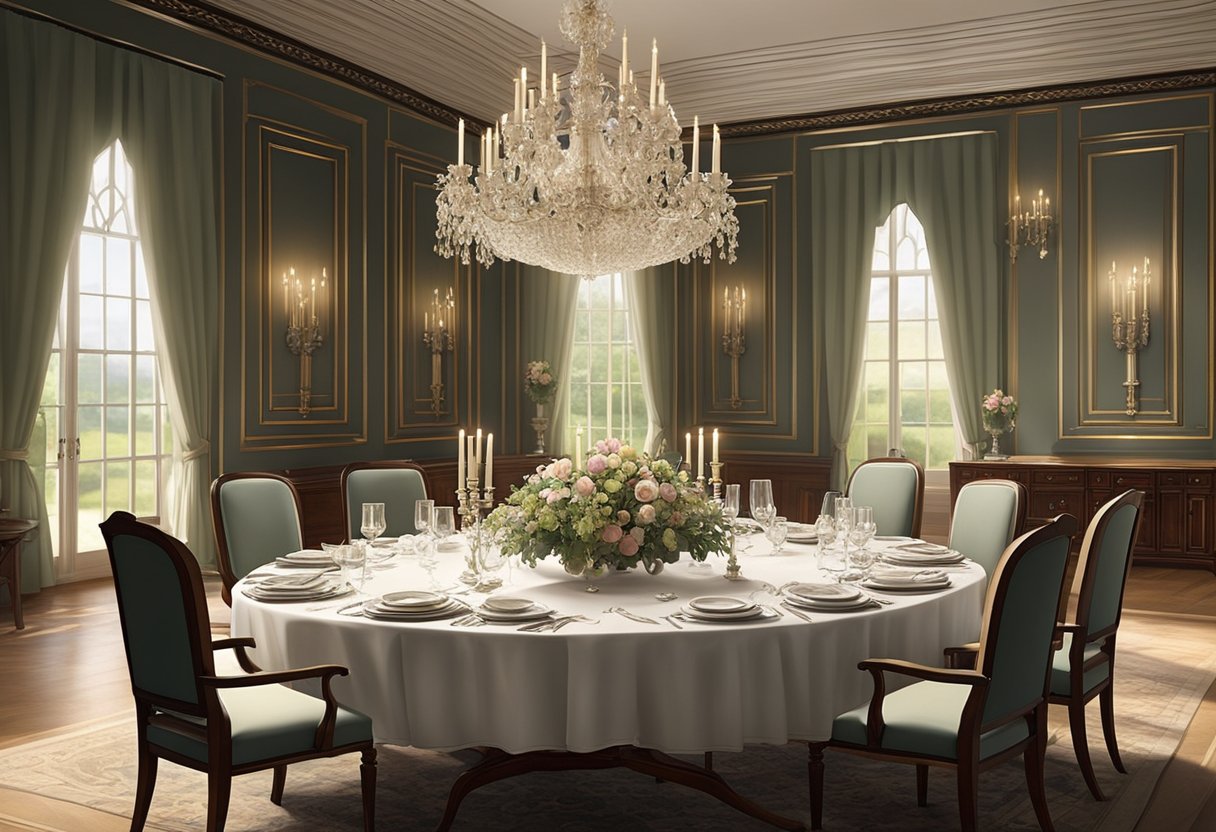 The elegant dining room at Downton Abbey, with a long mahogany table set with fine china and silverware, surrounded by high-backed chairs and adorned with a beautiful floral centerpiece