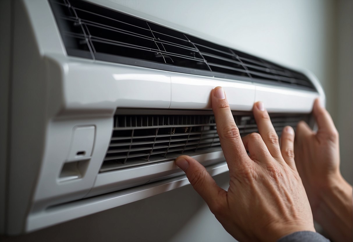 A hand reaches for the air conditioning unit, pulls out the old filter, and inserts a new one following the step-by-step guide