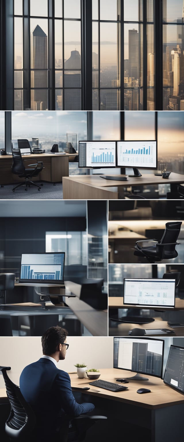 A modern office with a sleek desk, computer, and financial charts. A confident business owner discussing investment strategies with a wealth manager