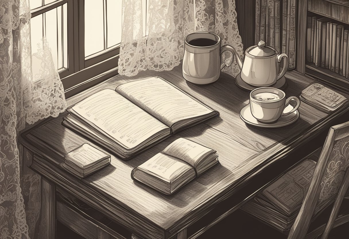 A cozy study with vintage baby name books, a notebook, and a cup of tea. Sunlight filters through lace curtains onto a desk cluttered with name lists and doodles