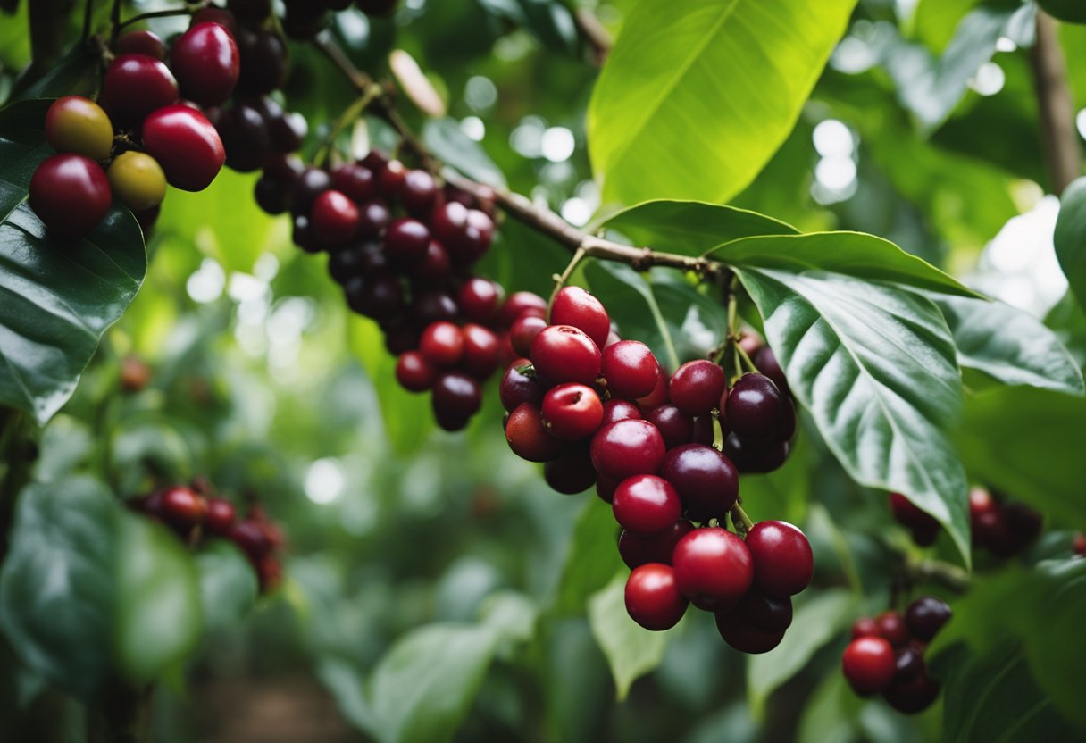 Lush coffee plantations in Colombia, Ethiopia, and Brazil. Harvesters pick ripe coffee cherries under the shade of tall trees