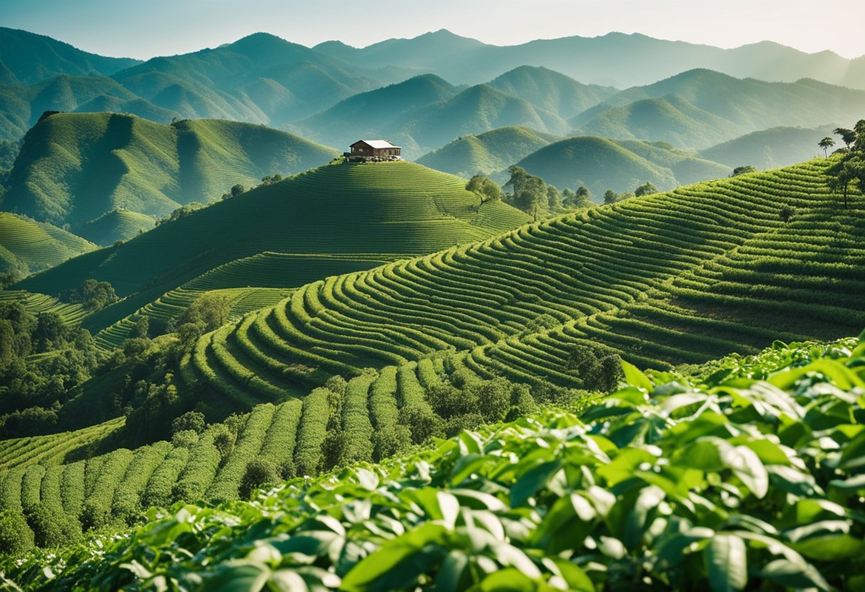 Lush green coffee plantations stretch across rolling hills under a clear blue sky, with workers tending to the crops and mountains in the distance
