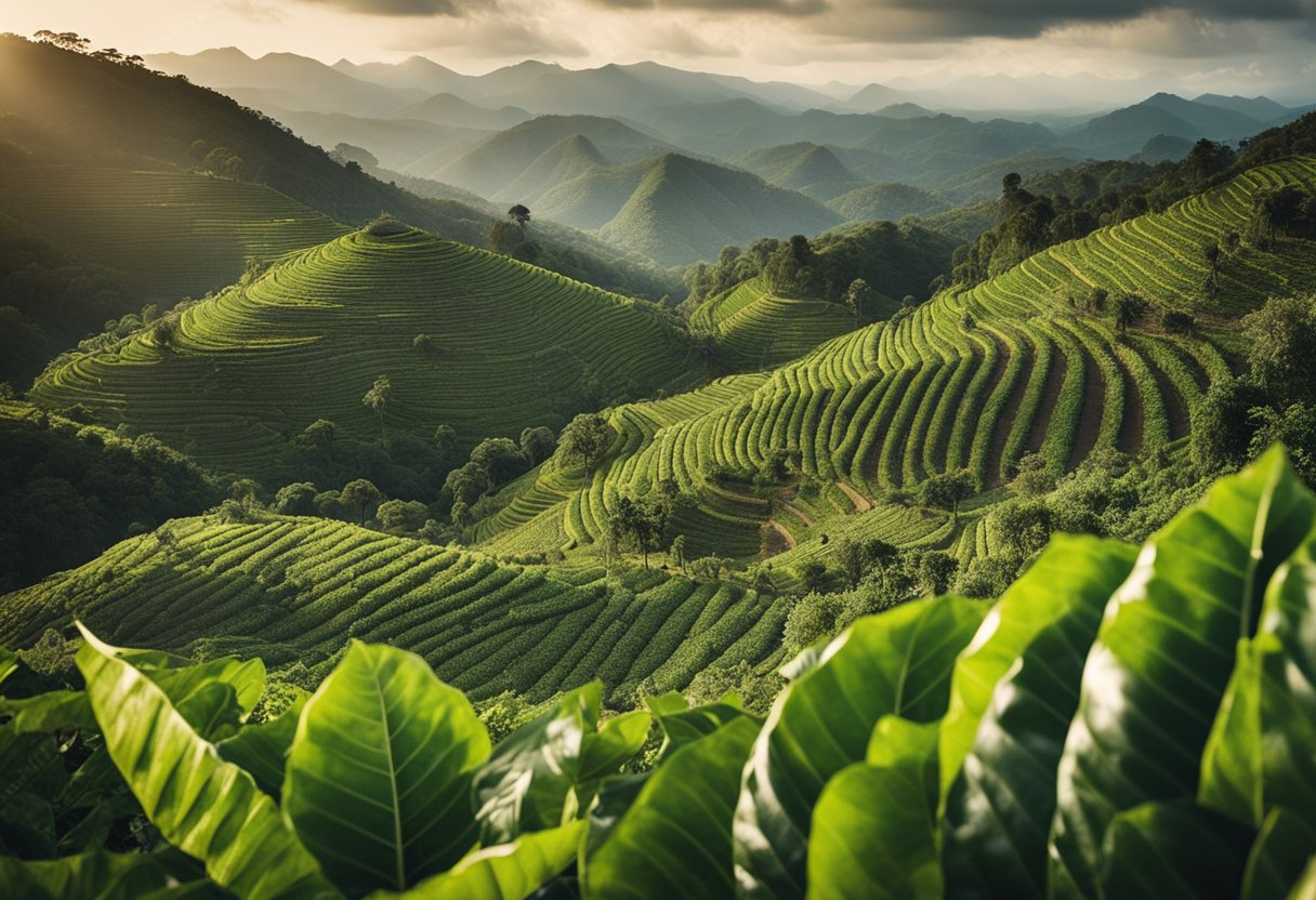 Lush coffee plantations in Colombia, Ethiopia, and Brazil. Each country's unique climate and soil produce distinct regional coffee flavors