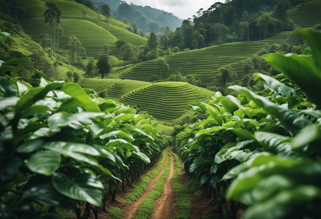 Lush coffee plantations in popular growing countries, with sustainable farming practices and modern technology
