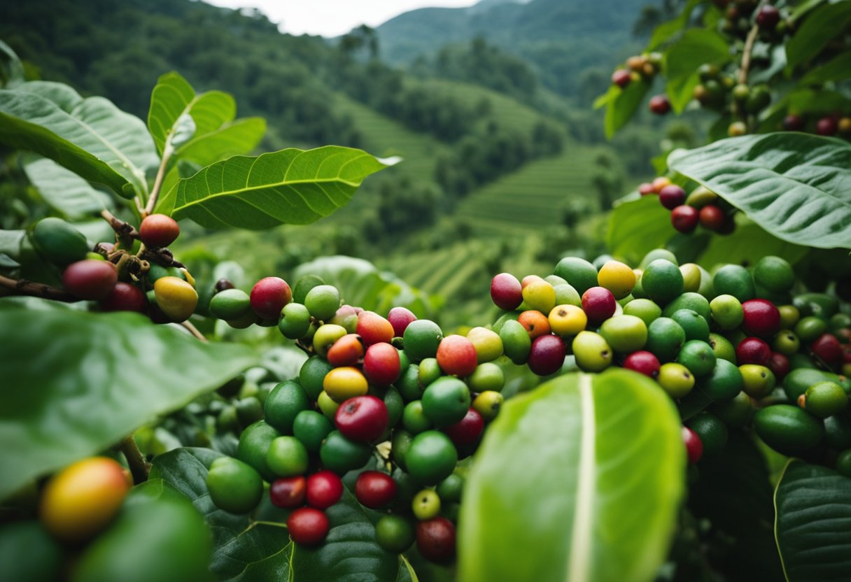 Lush coffee plantations in Colombia, Ethiopia, and Brazil. Vibrant colors, bustling workers, and aromatic coffee beans being harvested