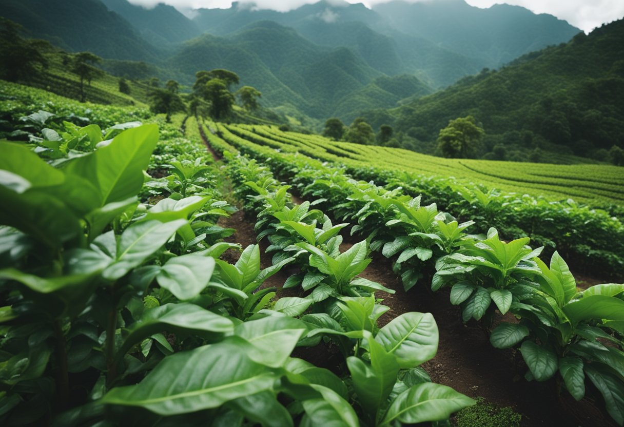 Coffee plants in lush, mountainous landscapes. Farmers tending to the plants. Signs with FAQs about coffee growing countries