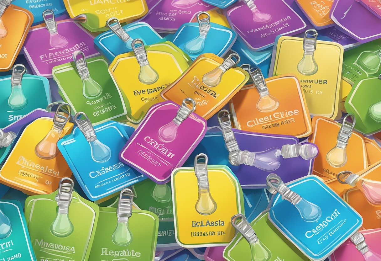 A group of colorful name tags arranged on a table, with a light bulb shining above, representing smart, intelligent, wise, and clever baby girl and boy names