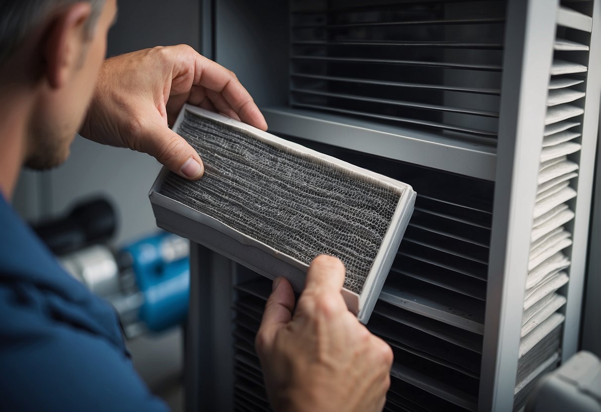 A dusty air filter is being removed from an air conditioning unit. A clean filter is being inserted in its place