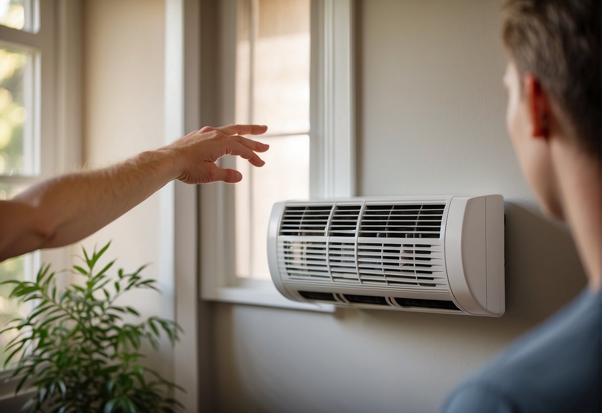 A hand reaches for an air conditioning filter, while a clean, new filter sits nearby. A comfortable home setting with a thermostat and cooling system can be seen in the background