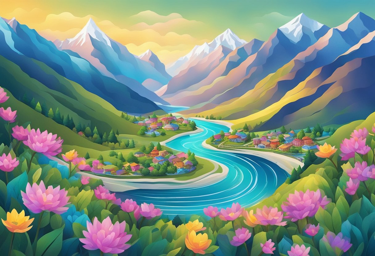 A serene mountain landscape with colorful flowers and flowing rivers, inspired by Kashmiri culture and tradition