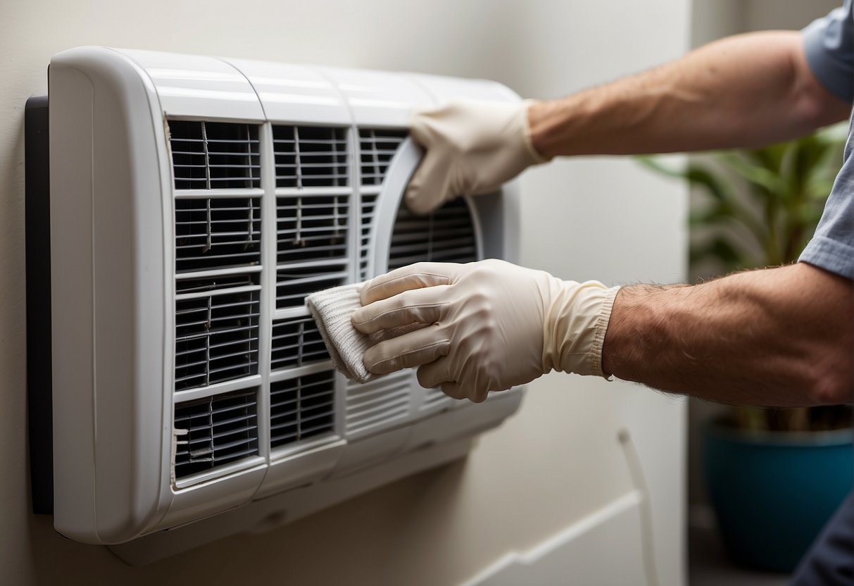A hand reaches for a dirty air conditioning filter and replaces it with a clean one. Tools and instructions are nearby
