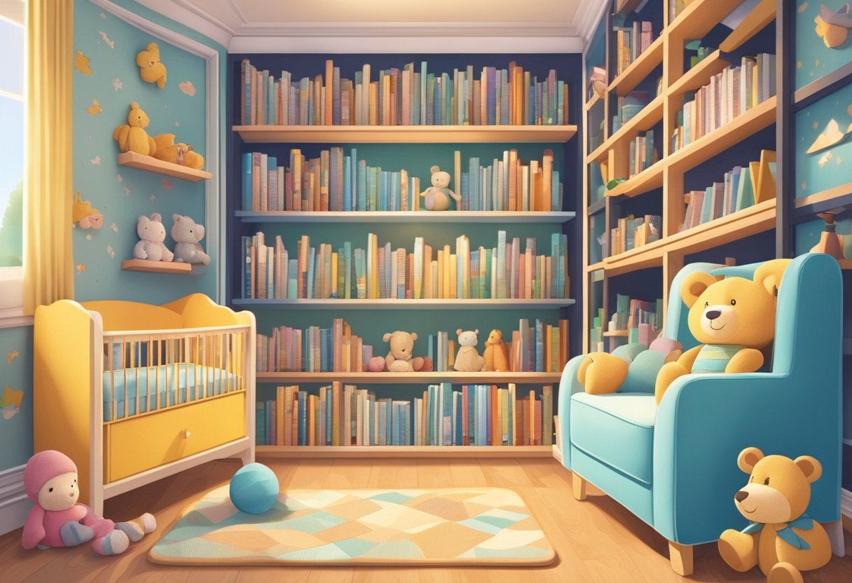 Colorful baby names displayed on a bookshelf with a cozy nursery in the background