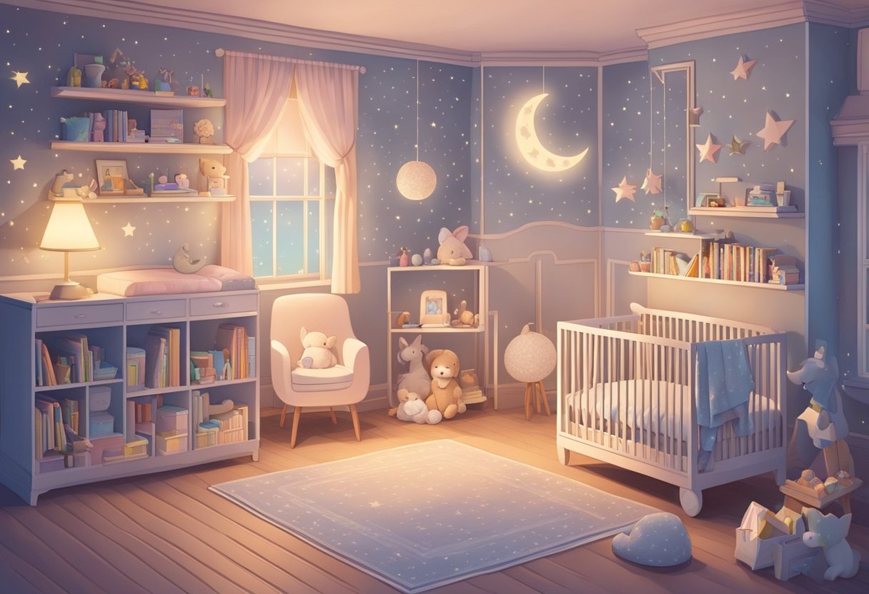 A cozy nursery with soft pastel colors and a bookshelf filled with children's books. A mobile of stars and moons hangs above the crib