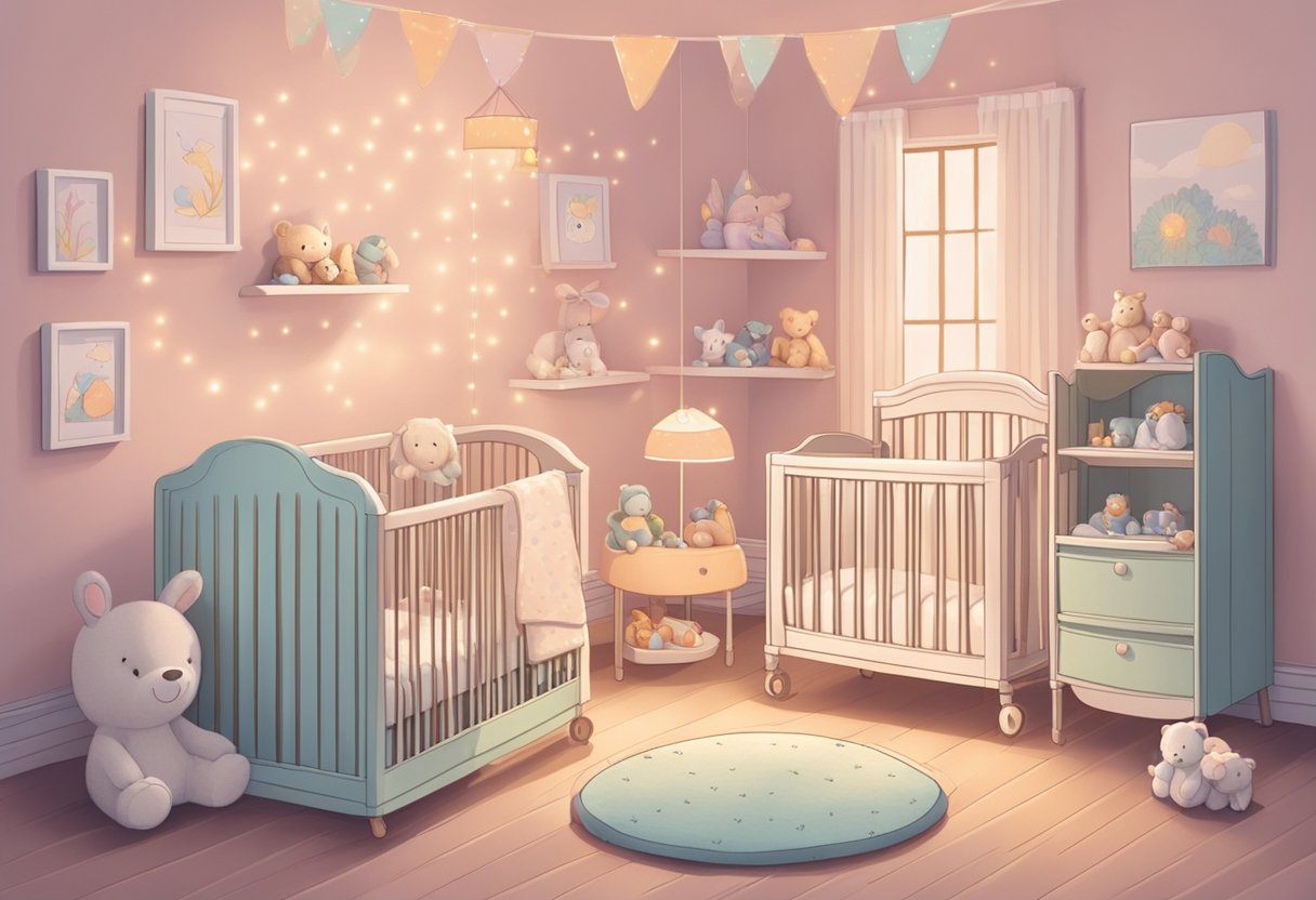 A cozy nursery with a crib, mobile, and bookshelf. Soft pastel colors and plush toys create a warm and inviting atmosphere