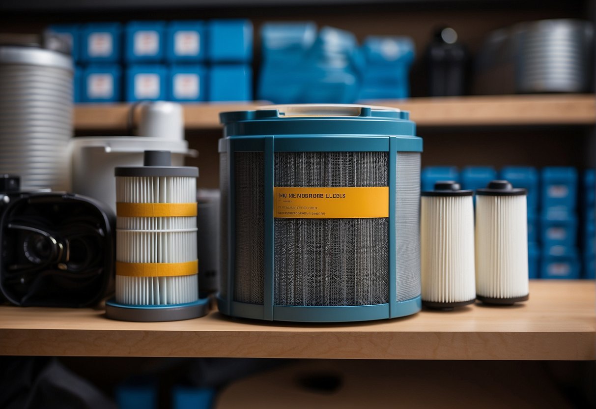 A hand reaches for a disposable air filter on a shelf next to a stack of filters. A toolbox sits nearby, suggesting a choice between professional or DIY replacement