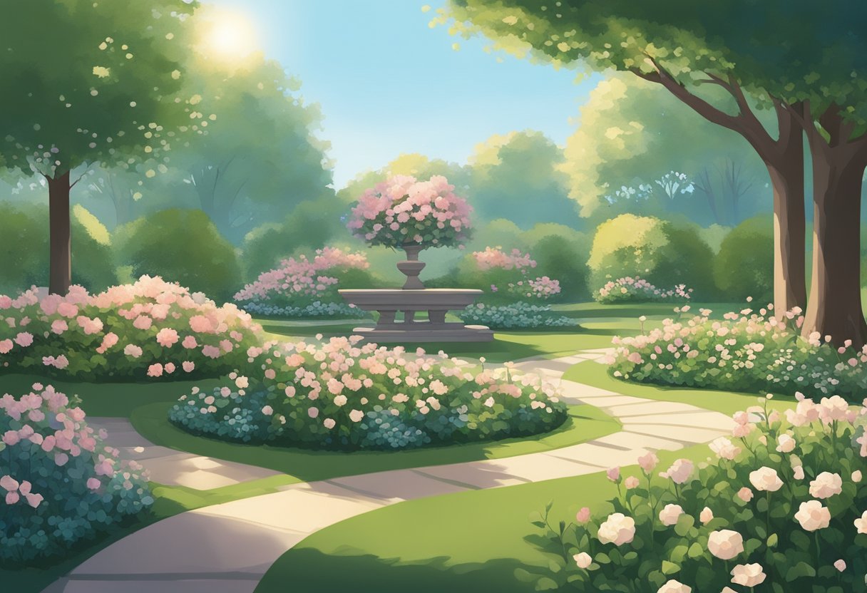 A serene garden with blooming flowers and a gentle breeze, evoking a sense of purity and goodness. A soft glow illuminates the scene, creating a feeling of warmth and positivity