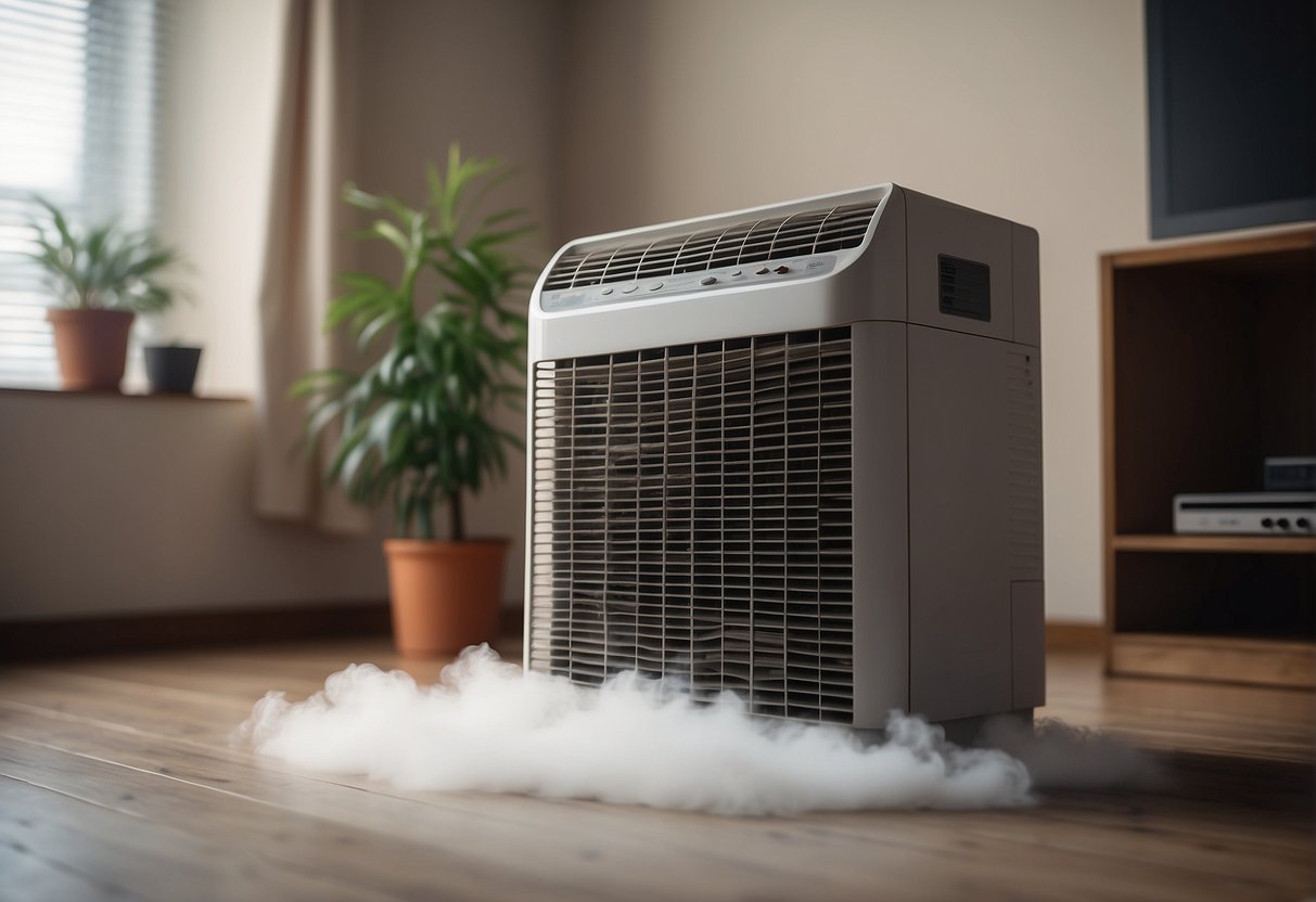 A room with a dirty air conditioning filter, surrounded by floating particles and dust, while clean air filters are shown nearby