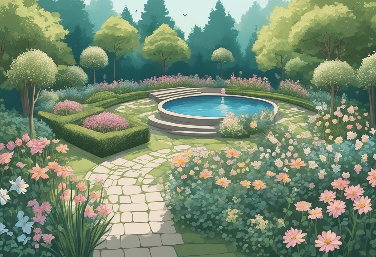 A serene garden with blooming flowers and fluttering butterflies, symbolizing virtue and purity