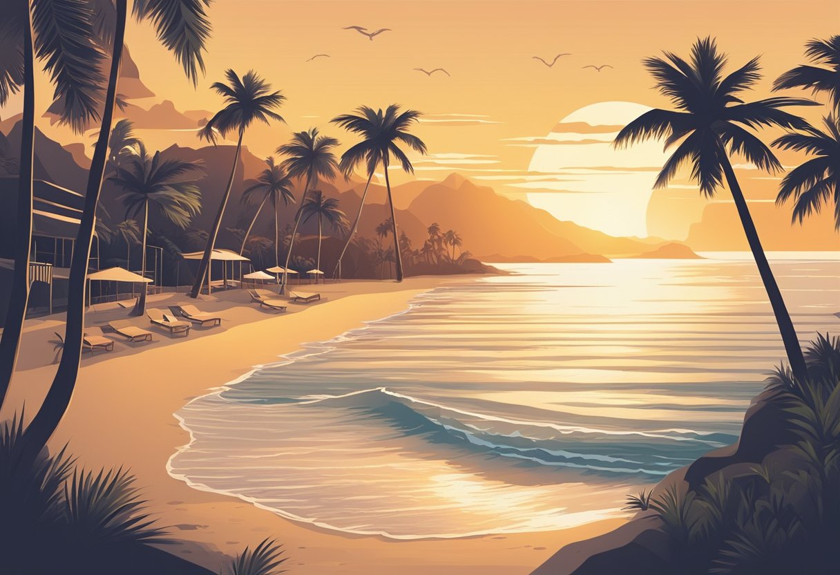 A serene beach at sunset, with palm trees swaying in the warm breeze, and a gentle tide rolling in, creating a peaceful and idyllic scene