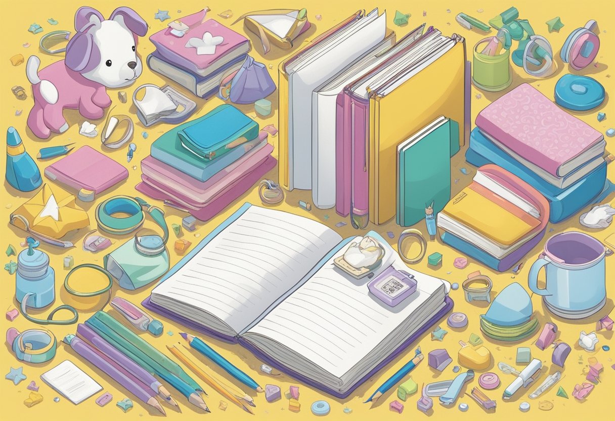 A colorful array of baby items surrounds a notebook filled with Maltese names. A pencil hovers over the page, ready to jot down the perfect name for a baby girl or boy