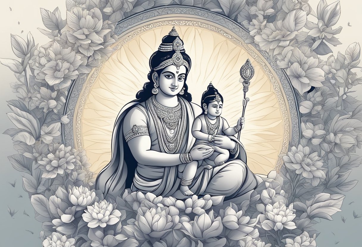 Lord Rama holding a list of baby boy names, surrounded by divine light and flowers