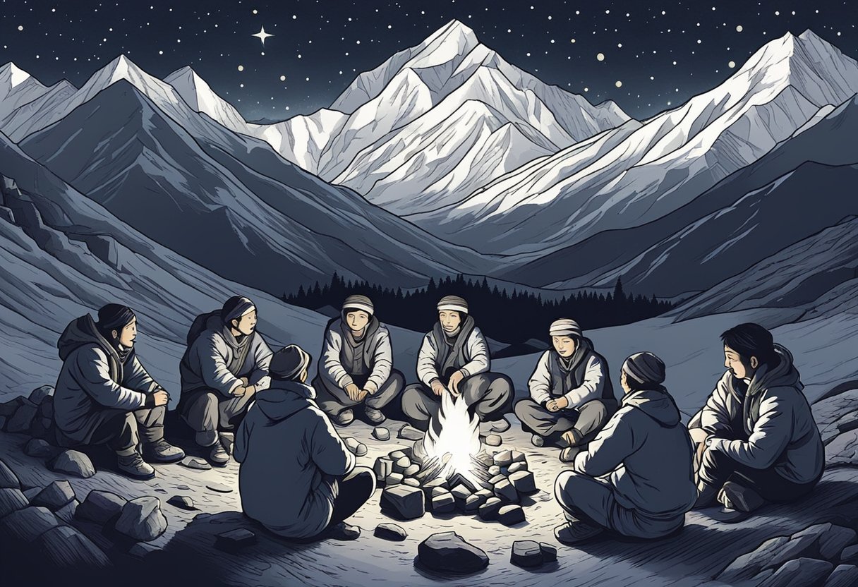 A group of Tibetan Sherpas gather around a campfire, sharing stories and laughter under the starry night sky
