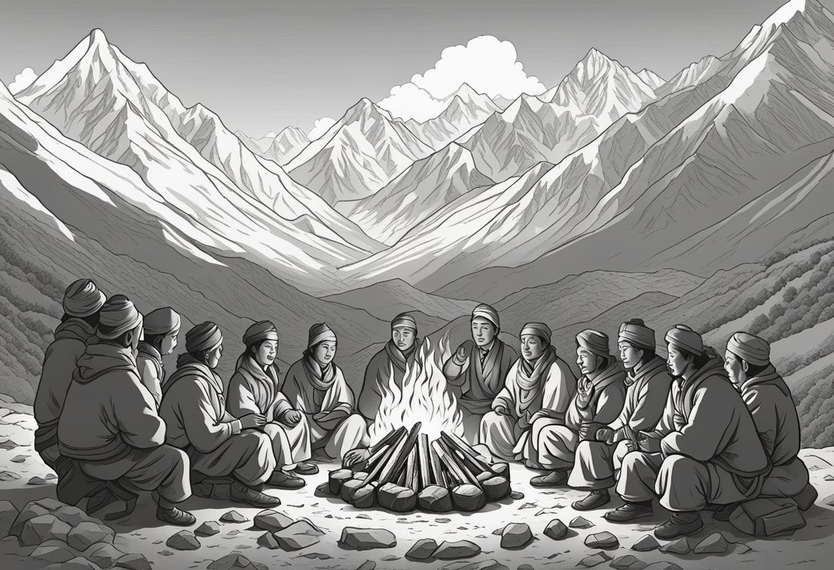A group of Tibetan Sherpas gather around a fire, chanting traditional names in a mountainous landscape