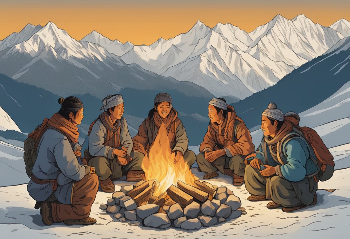 A group of Tibetan Sherpas gather around a fire, exchanging traditional names with deep cultural significance. The flickering flames illuminate their weathered faces, as they share stories and laughter in the mountainous landscape