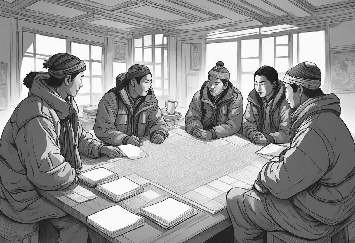 A group of Tibetan Sherpas gather around a table, brainstorming and discussing potential names for a new project or endeavor